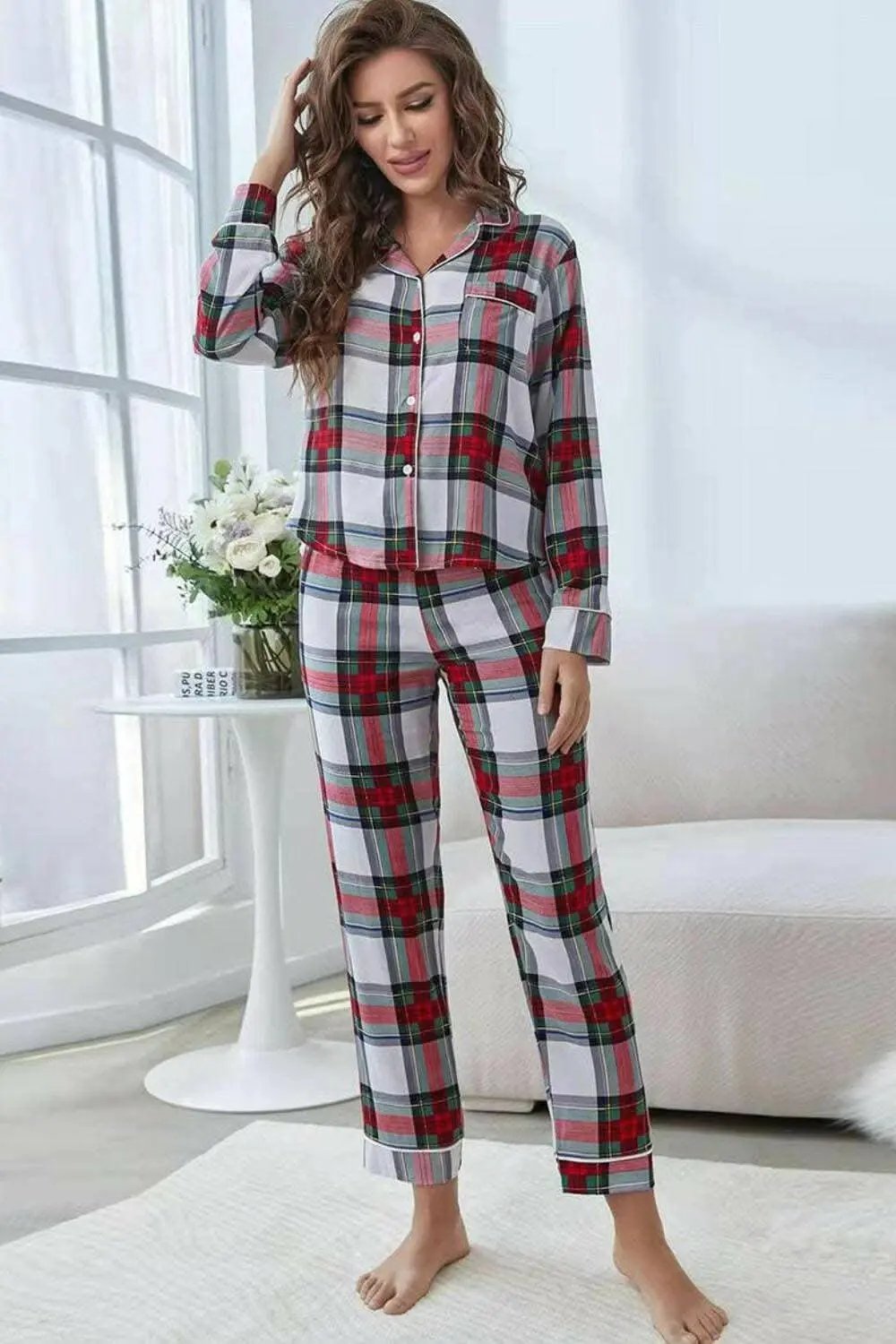 Chic plaid lounge set - button-up, cropped pants - Love Salve